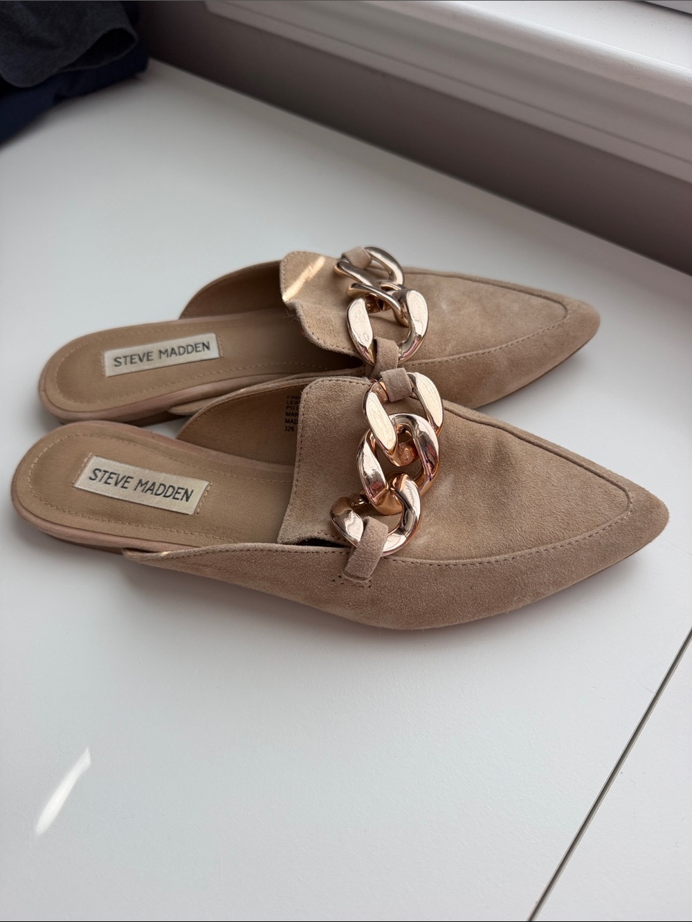 Steve Madden Taupe Suede Slip-On Mules with Gold Chain